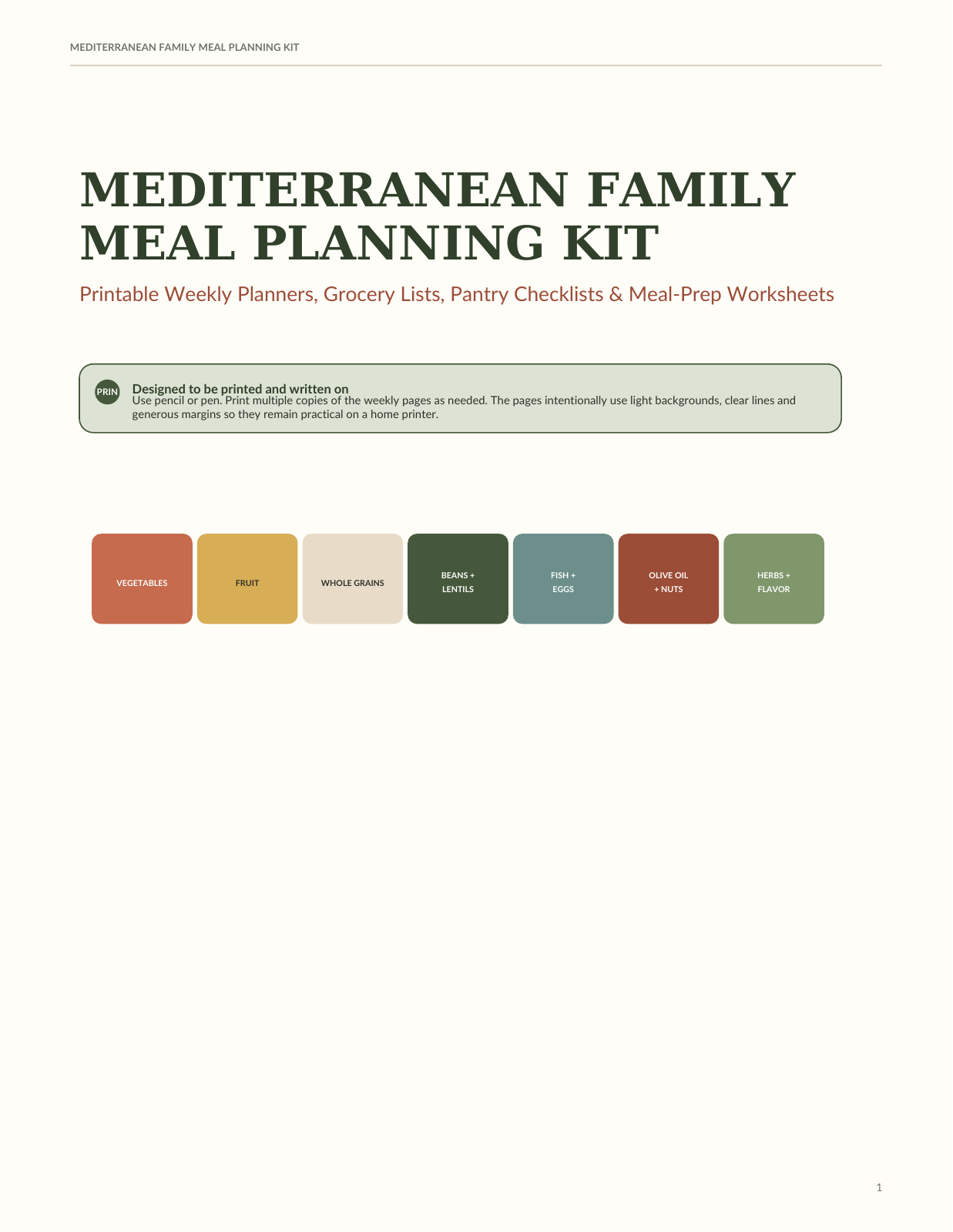Mediterranean Family Meal Planning Kit — included printable planner cover